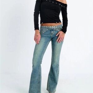 Vintage Belted Low Rise Flared Jeans